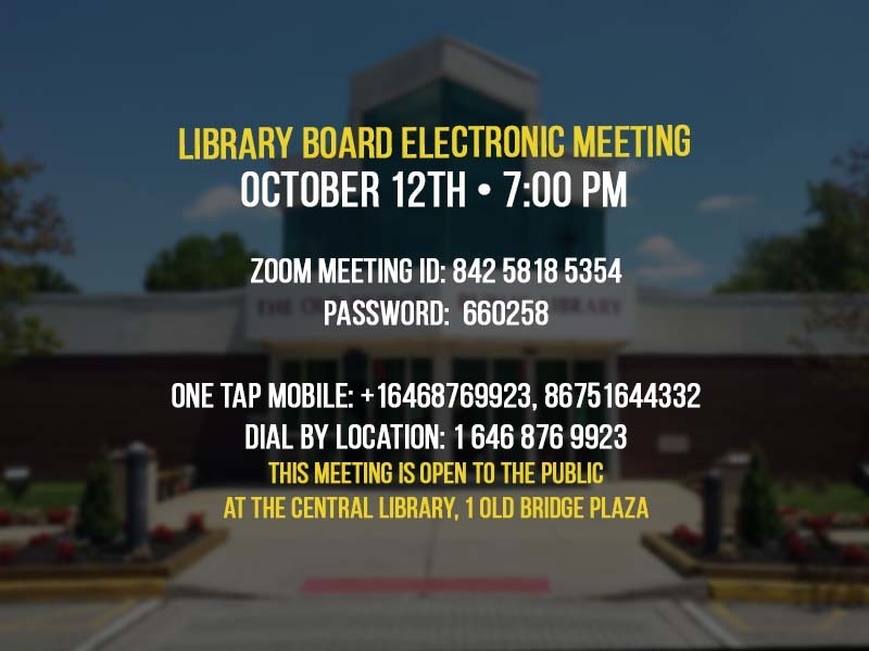 The Old Bridge Public Library Board of Trustees will hold its regular monthly meeting on Wednesday, October 12th at 7PM