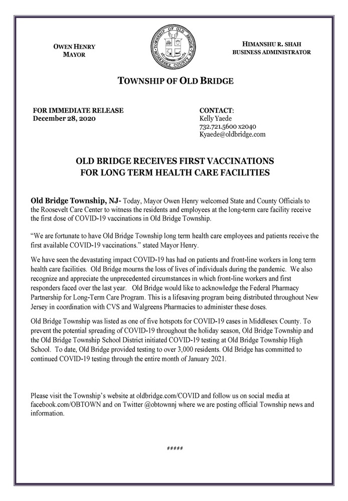OLD BRIDGE RECEIVES FIRST VACCINATIONS FOR LONG-TERM CARE FACILITIES