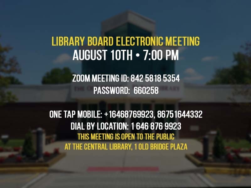 The Old Bridge Public Library Board of Trustees will hold its regular monthly meeting on Wednesday, August 10, 2022 at 7:00 p.m