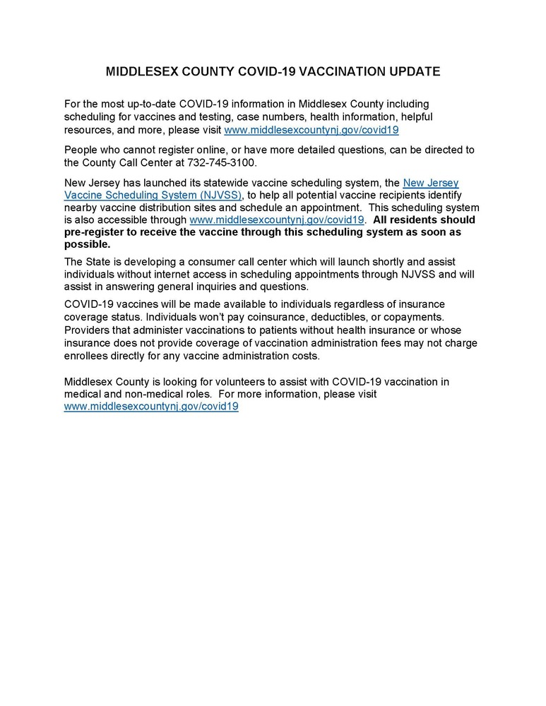 Middlesex County COVID-19 Vaccination Update