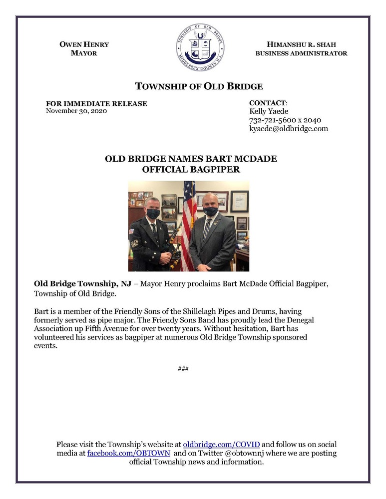 Bart McDade proclaimed Official Bagpiper, Township of Old Bridge