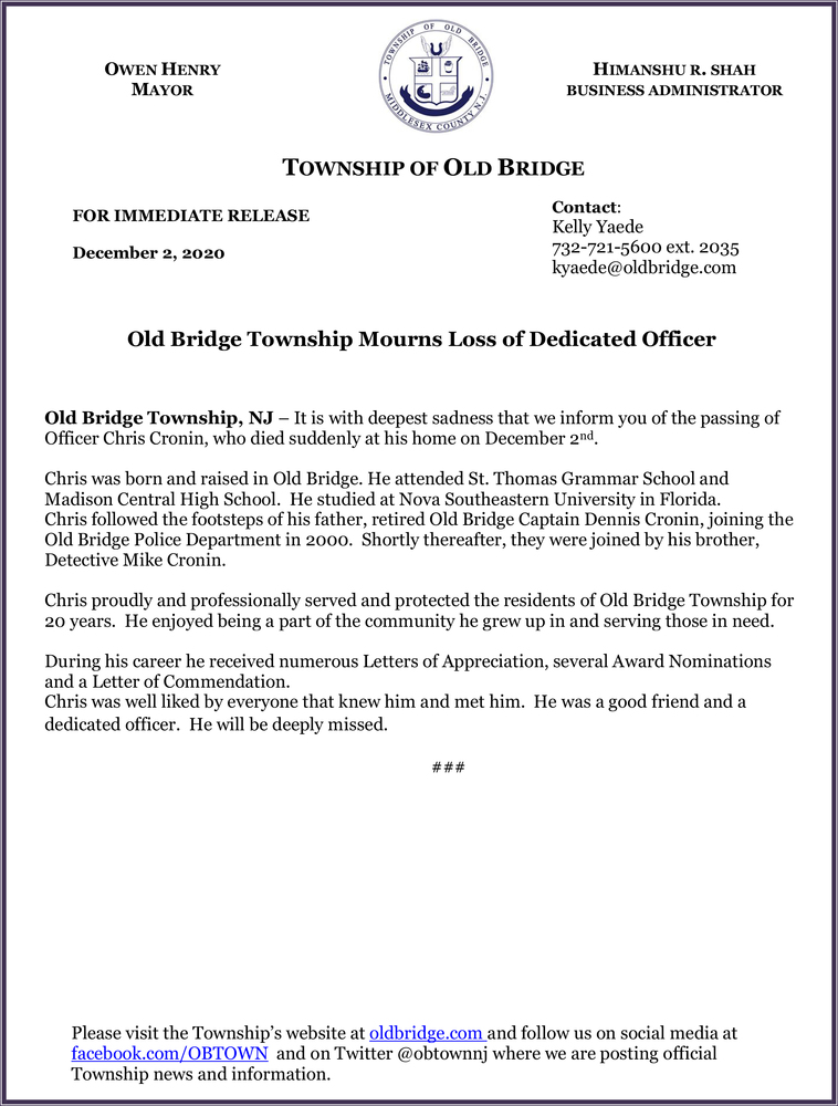 Old Bridge Township Mourns Loss of Dedicated Officer
