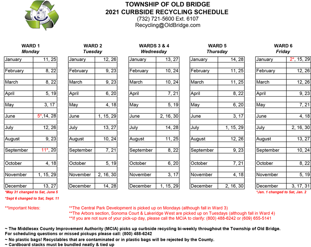 2021 Recycling Schedule